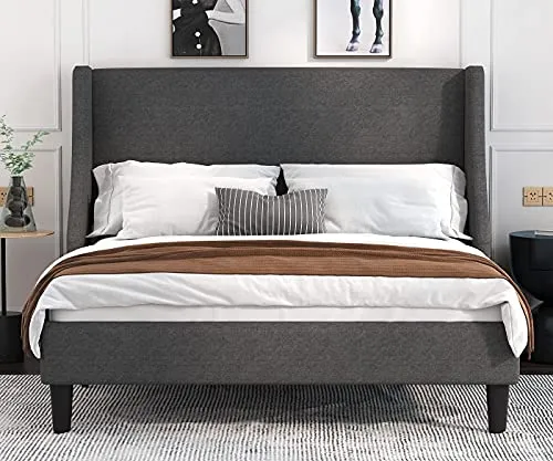 Allewie King Size Bed Frame, Platform Bed Frame with Upholstered Headboard, Modern Deluxe Wingback, Wood Slat Support, Mattress Foundation, Dark Grey