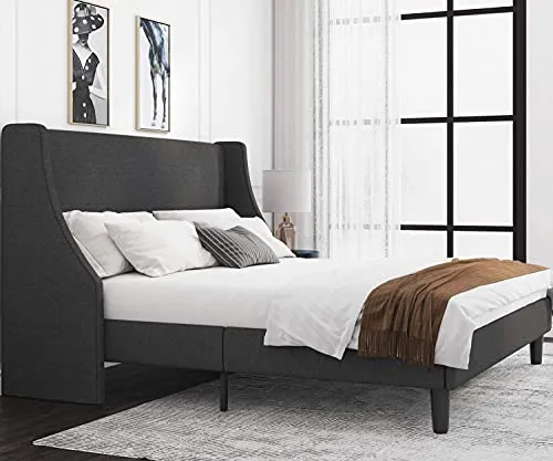 Allewie King Size Bed Frame, Platform Bed Frame with Upholstered Headboard, Modern Deluxe Wingback, Wood Slat Support, Mattress Foundation, Dark Grey