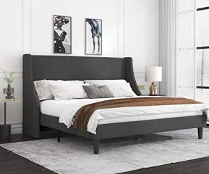 Allewie King Size Bed Frame, Platform Bed Frame with Upholstered Headboard, Modern Deluxe Wingback, Wood Slat Support, Mattress Foundation, Dark Grey