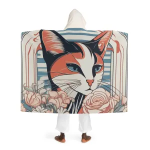 Art Deco Cat with Flowers, Cozy Hooded Sherpa Fleece Blanket