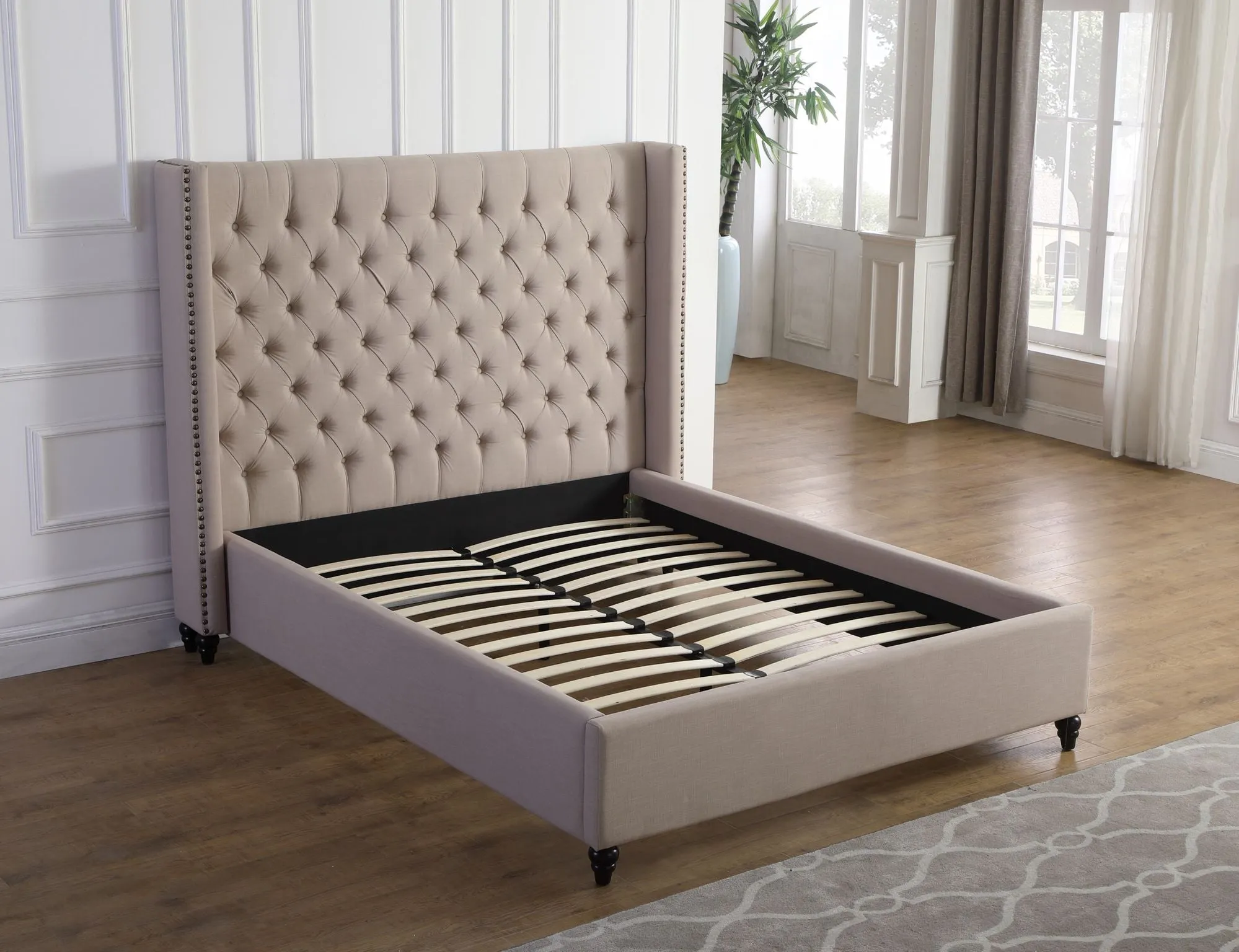 Beige Premium Fabric Platform Bed- Queen or King- Model #1920B