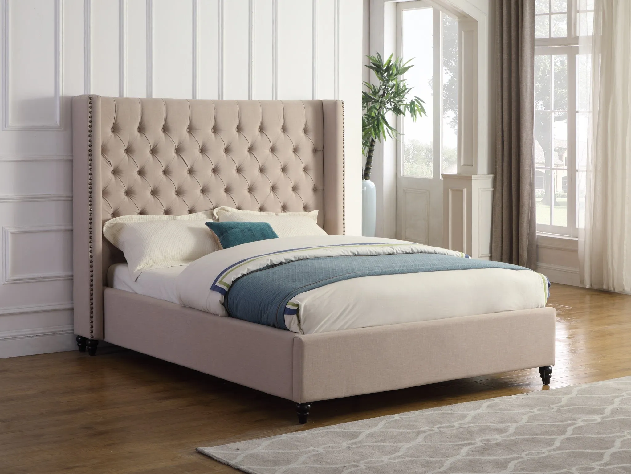 Beige Premium Fabric Platform Bed- Queen or King- Model #1920B