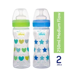 CHICCO Well being Narrow neck Feeding bottle, Pack of 2 - Green & Blue, 250ml, 2 m