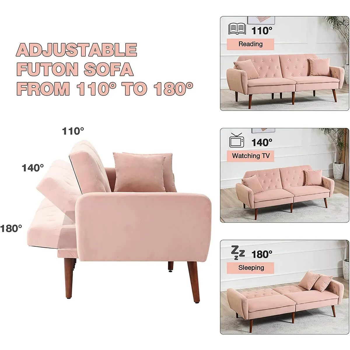 Convertible Velvet Sleeper Sofa Bed with Adjustable Backrest Couch Loveseat Pink