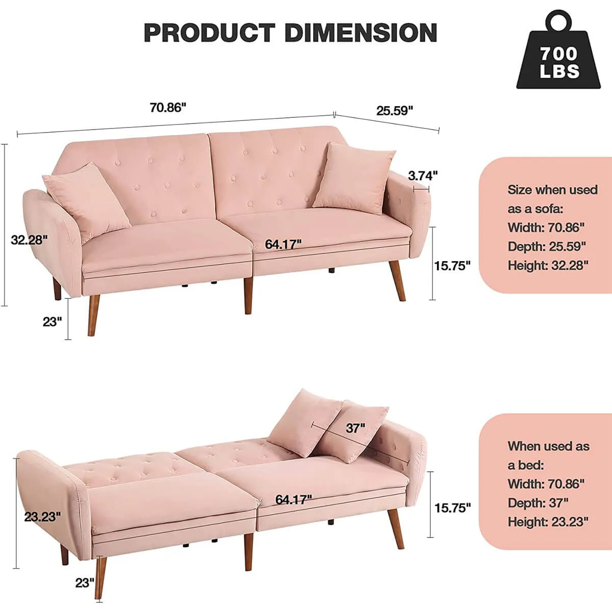 Convertible Velvet Sleeper Sofa Bed with Adjustable Backrest Couch Loveseat Pink