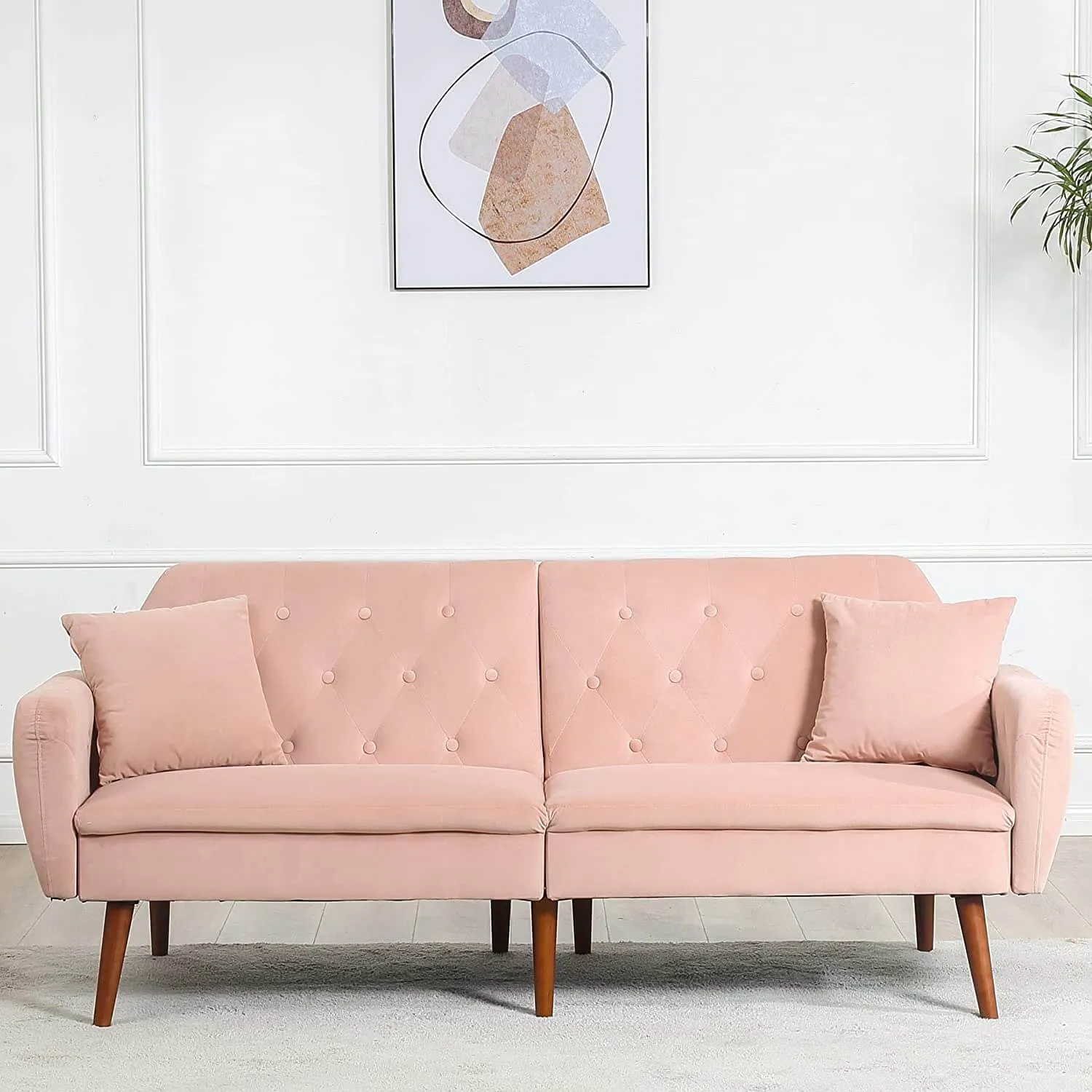 Convertible Velvet Sleeper Sofa Bed with Adjustable Backrest Couch Loveseat Pink