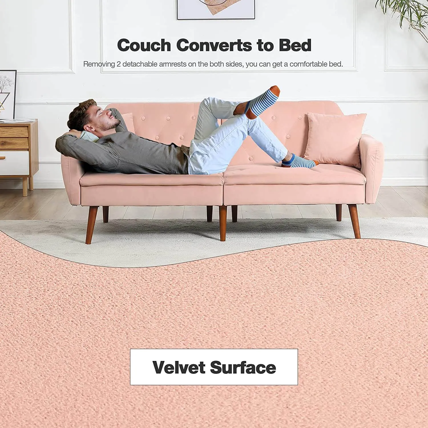 Convertible Velvet Sleeper Sofa Bed with Adjustable Backrest Couch Loveseat Pink