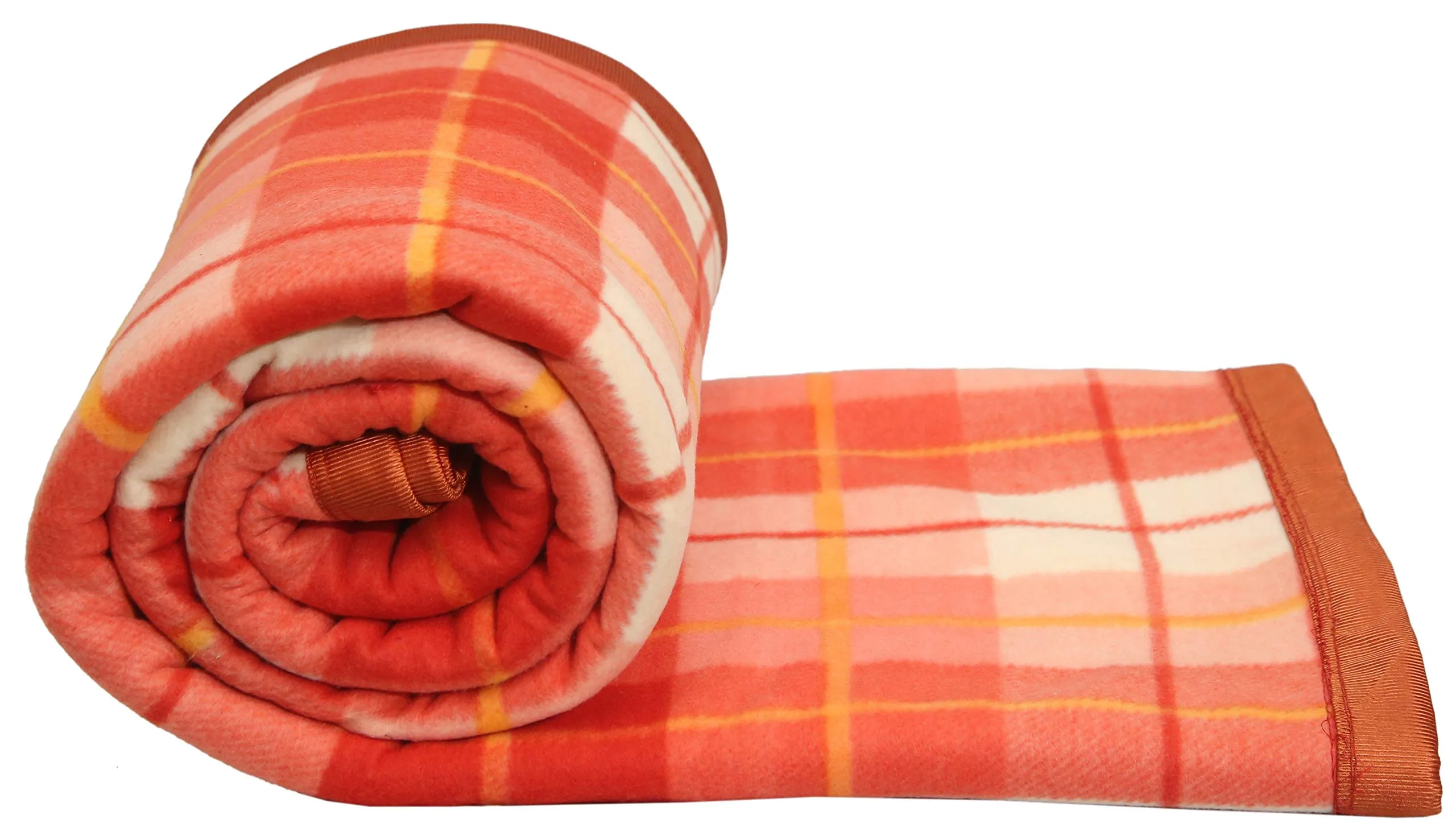 Goyal's Check Double Bed Fleece AC Blanket 90x90 Inch - Orange