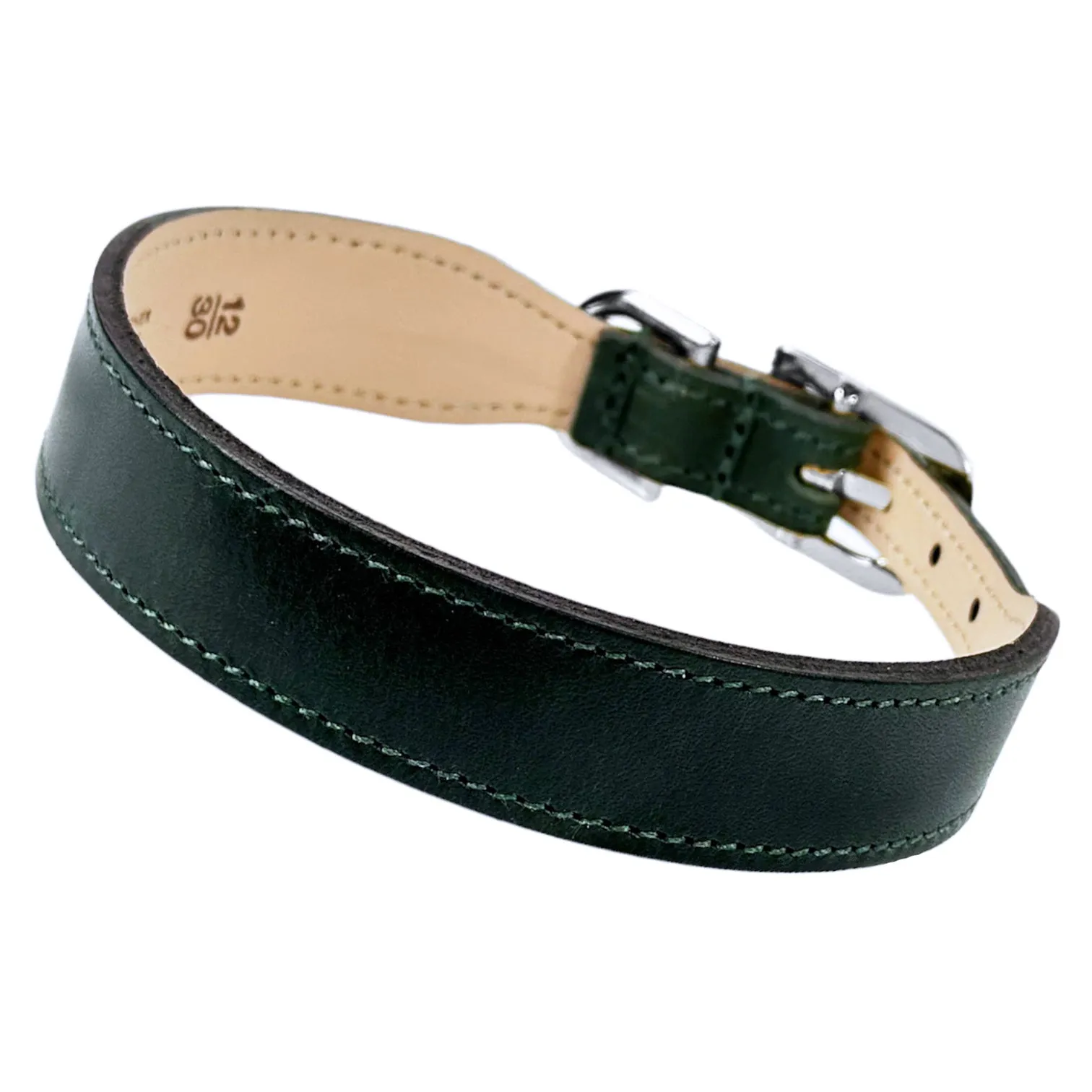 Italian Ivy Green Leather Dog Collar in Nickel