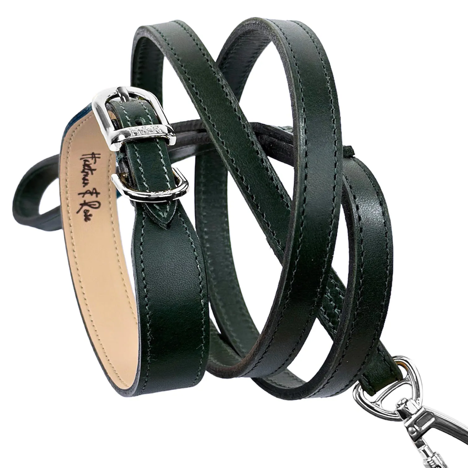 Italian Ivy Green Leather Dog Collar in Nickel