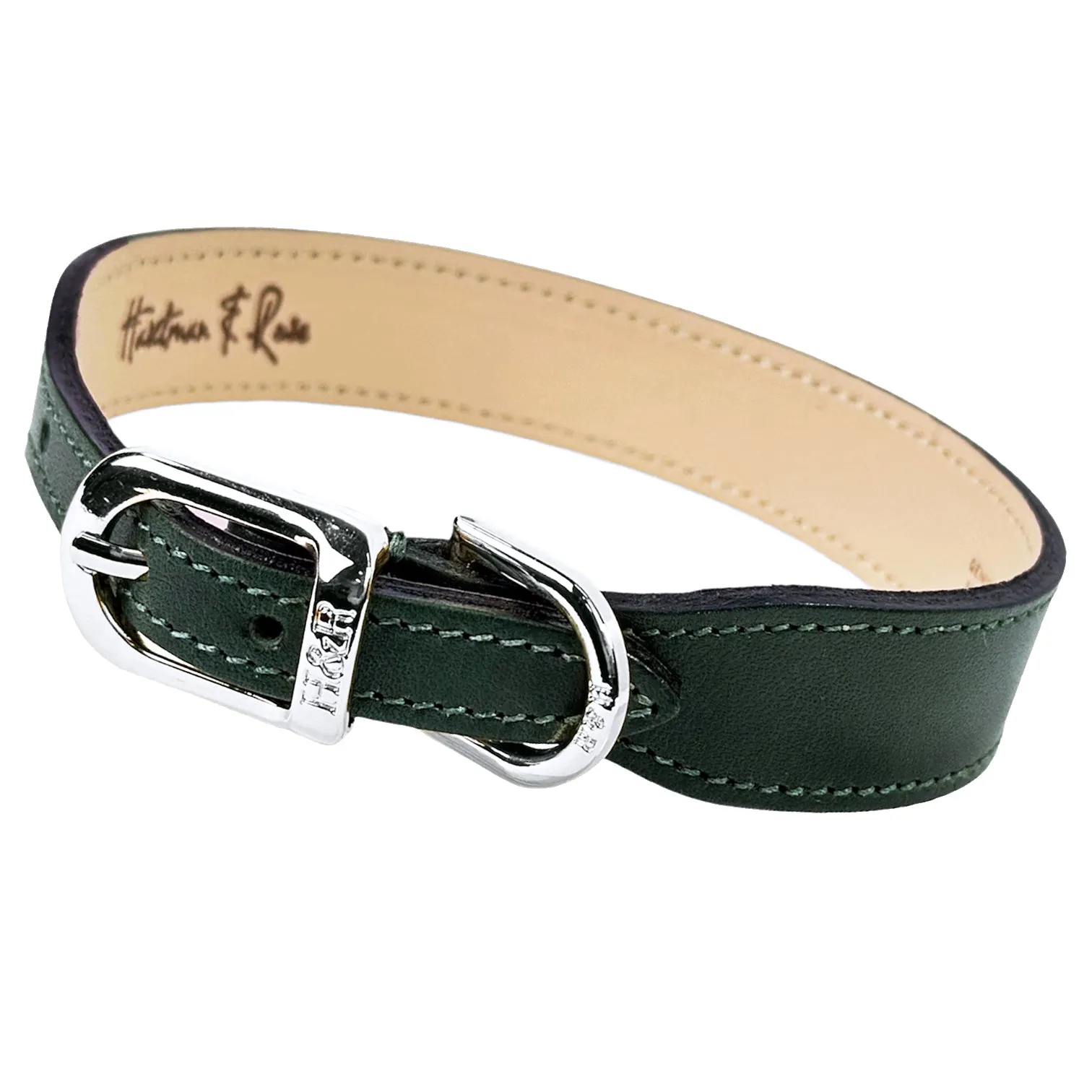 Italian Ivy Green Leather Dog Collar in Nickel