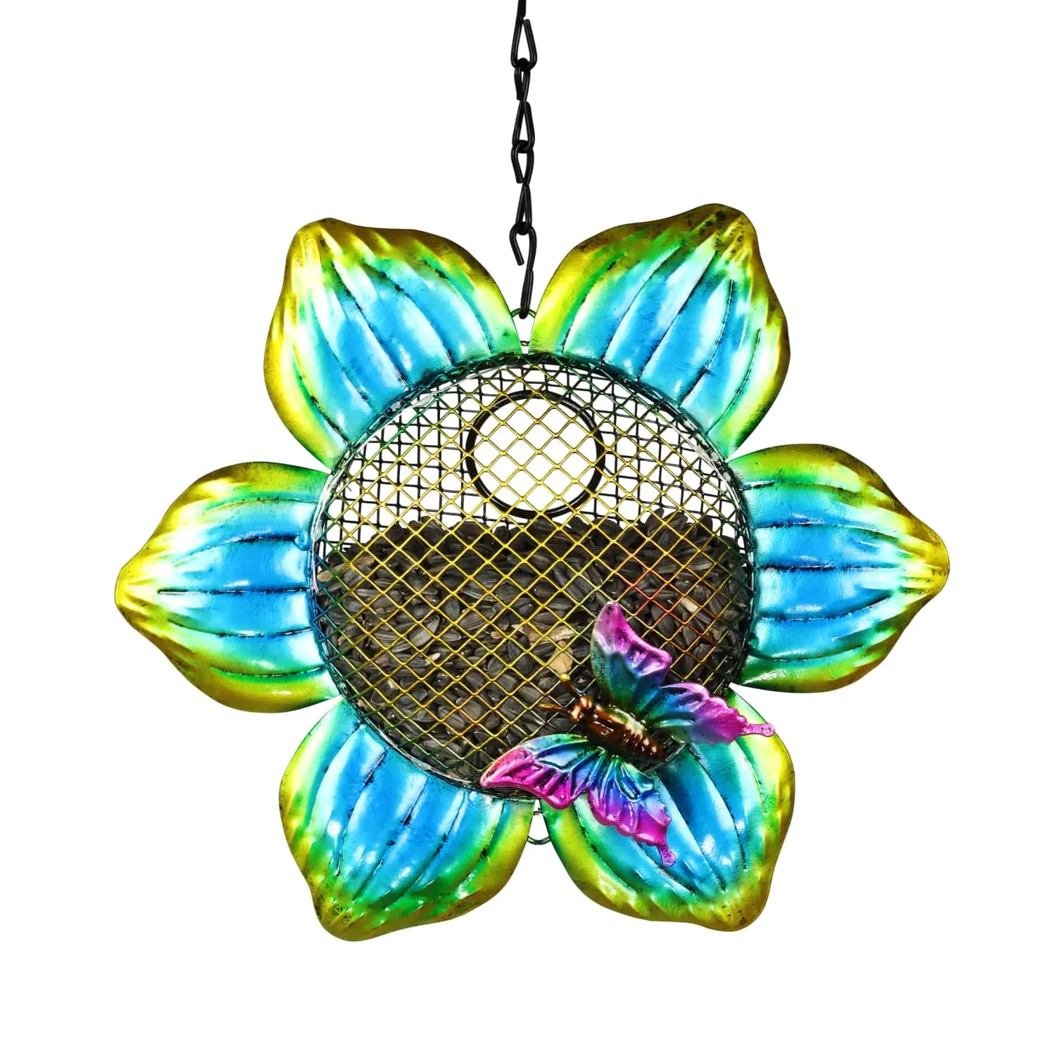 Solar Hanging Metal Mesh Flower Bird Feeder, 9 by 22.5 Inches