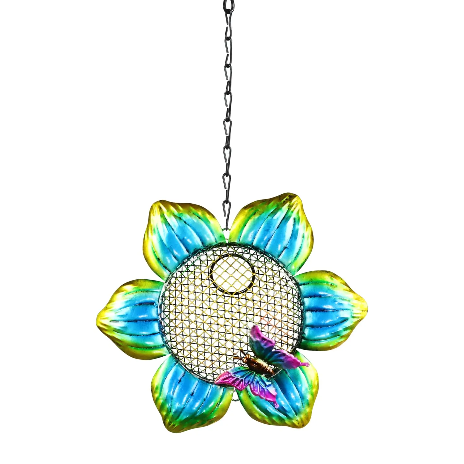 Solar Hanging Metal Mesh Flower Bird Feeder, 9 by 22.5 Inches