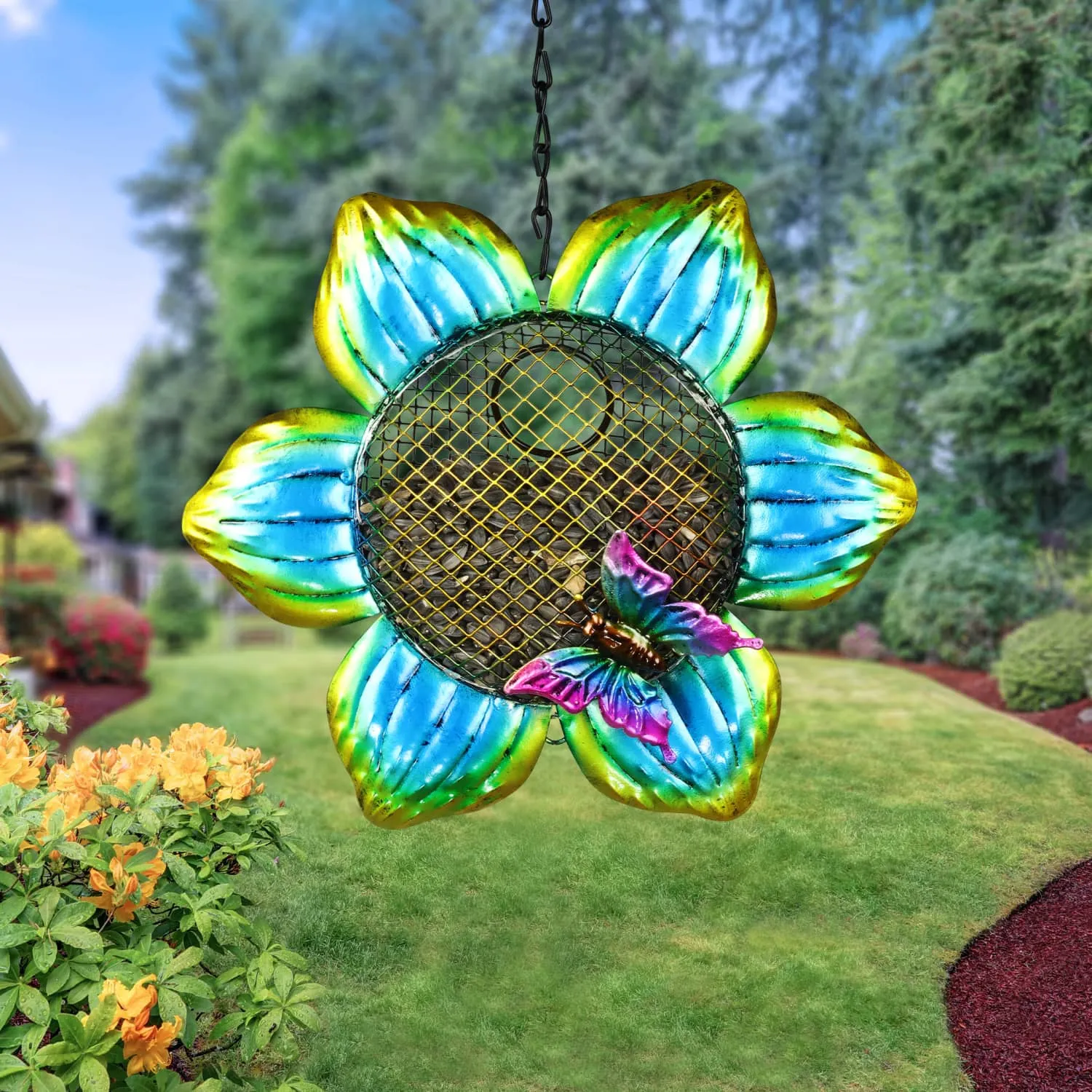 Solar Hanging Metal Mesh Flower Bird Feeder, 9 by 22.5 Inches