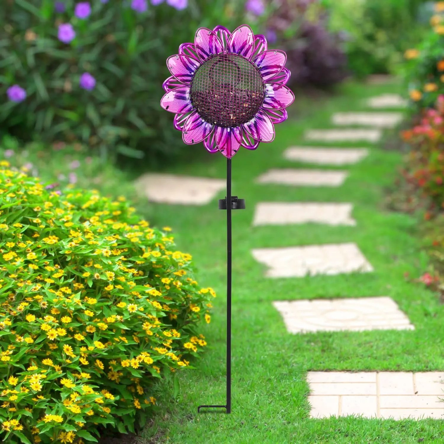 Solar Purple Sunflower Metal and Glass Bird Seed Feeder Garden Stake, 11 by 36 Inches