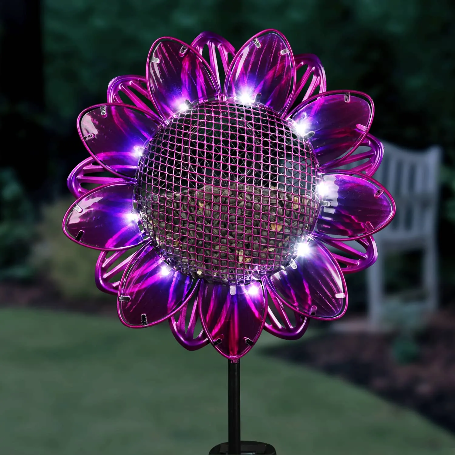 Solar Purple Sunflower Metal and Glass Bird Seed Feeder Garden Stake, 11 by 36 Inches