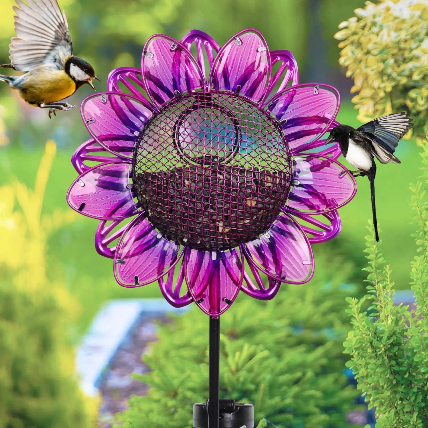 Solar Purple Sunflower Metal and Glass Bird Seed Feeder Garden Stake, 11 by 36 Inches