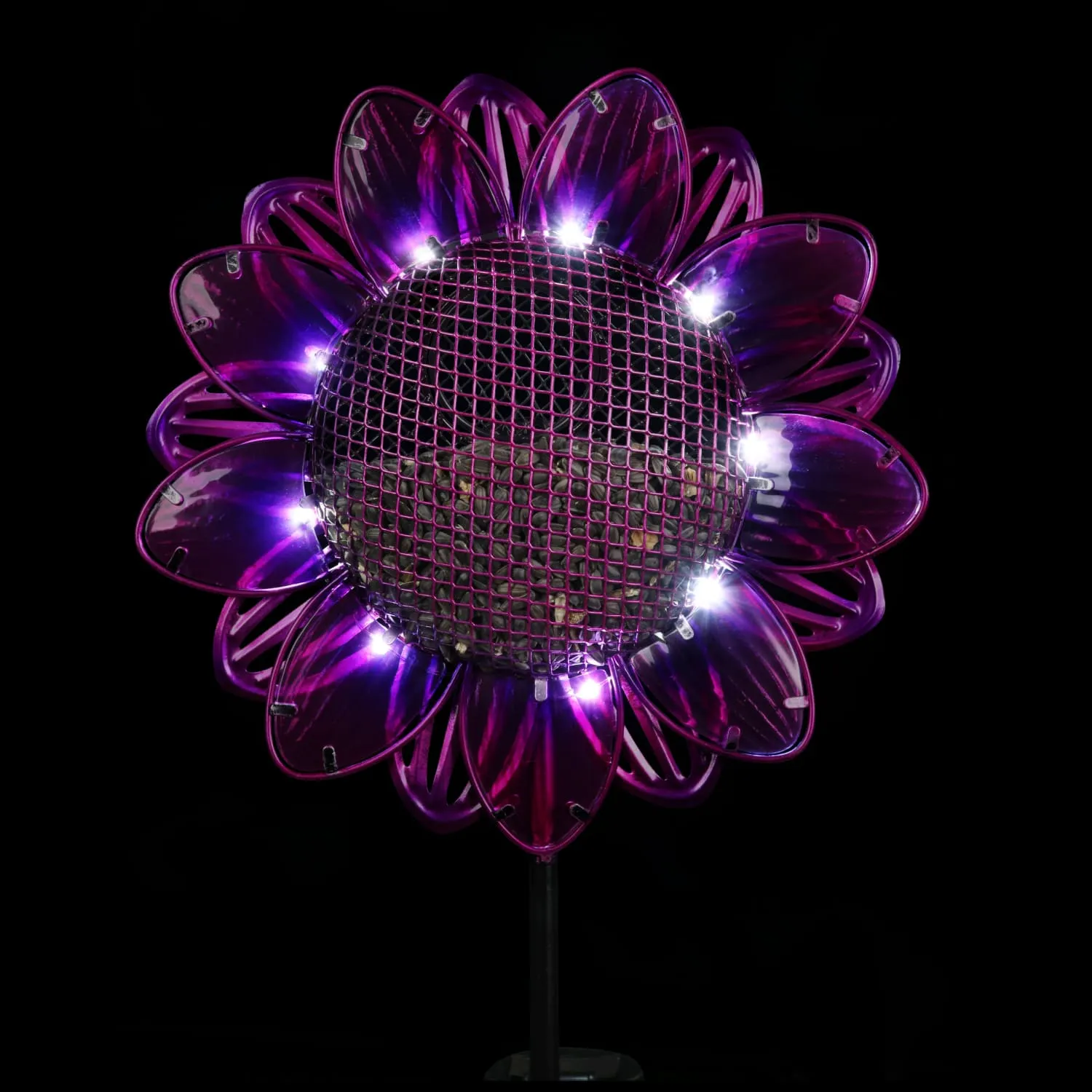 Solar Purple Sunflower Metal and Glass Bird Seed Feeder Garden Stake, 11 by 36 Inches