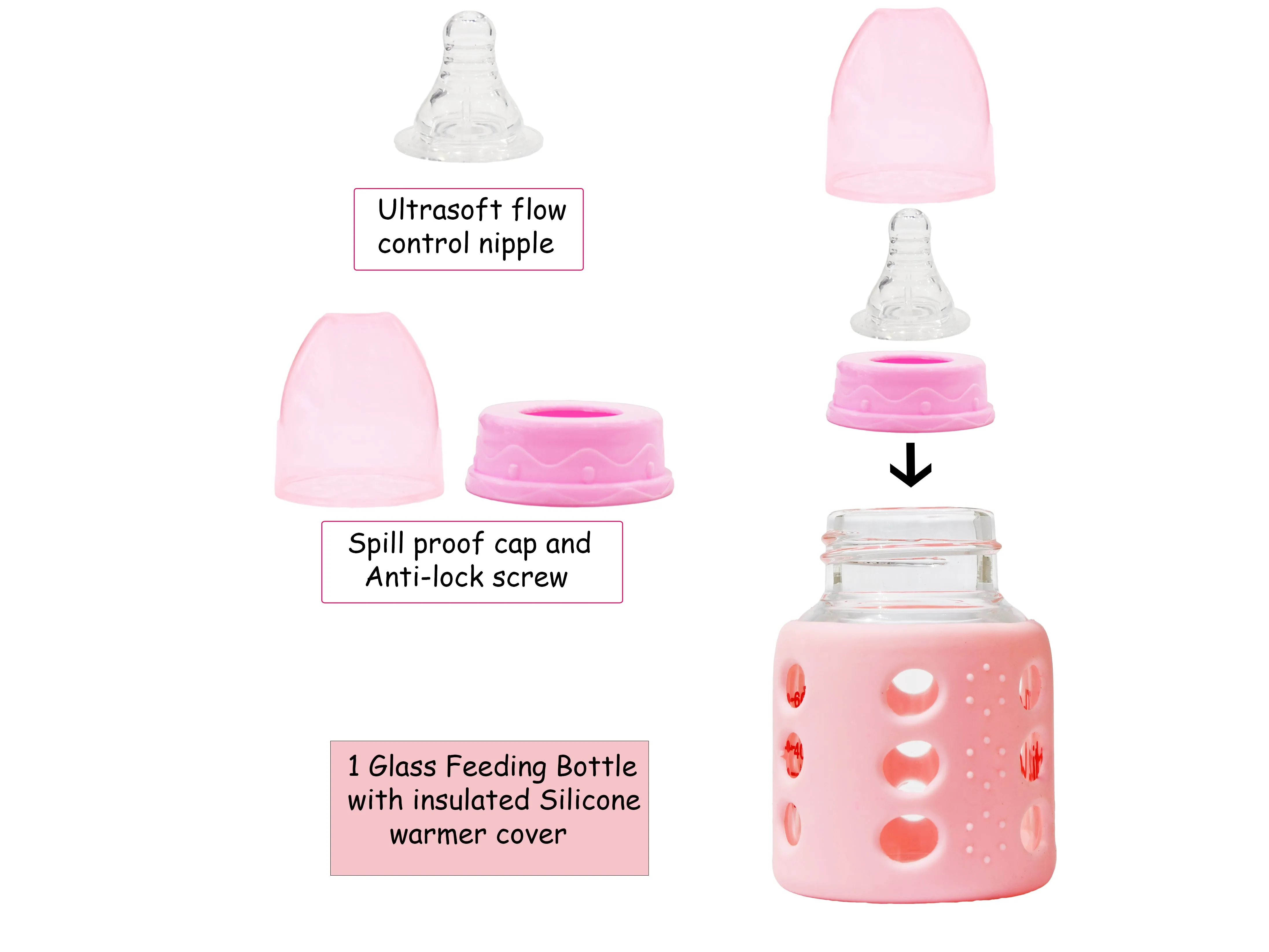 The Little Lookers High Borosilicate Glass Feeding Bottle for Baby/Feeder for Newborn |Super Soft Flow Control & Anti Colic Nipple for Infants/Toddlers(Pack of 2)