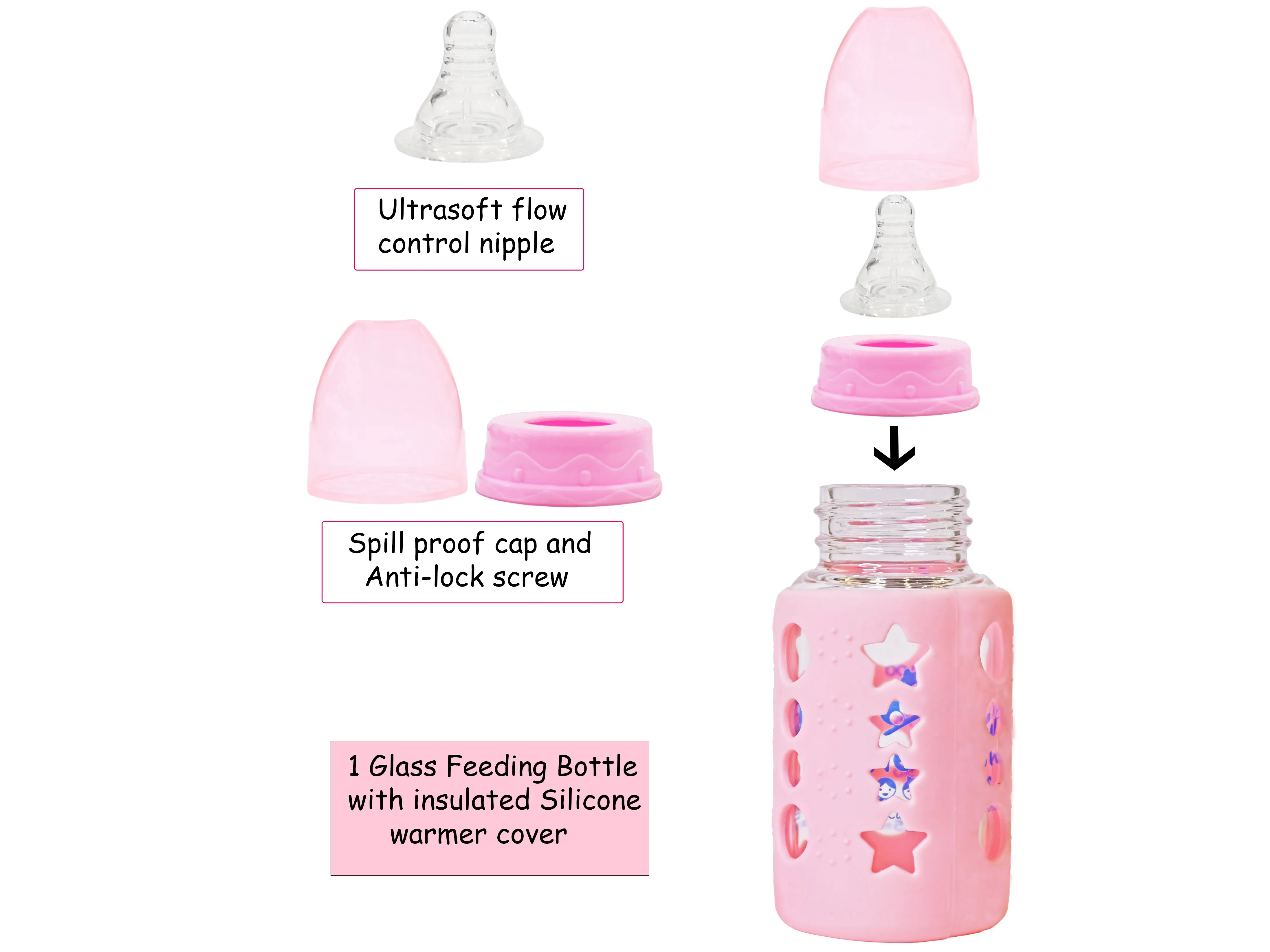 The Little Lookers High Borosilicate Glass Feeding Bottle for Baby/Feeder for Newborn |Super Soft Flow Control & Anti Colic Nipple for Infants/Toddlers(Pack of 2)