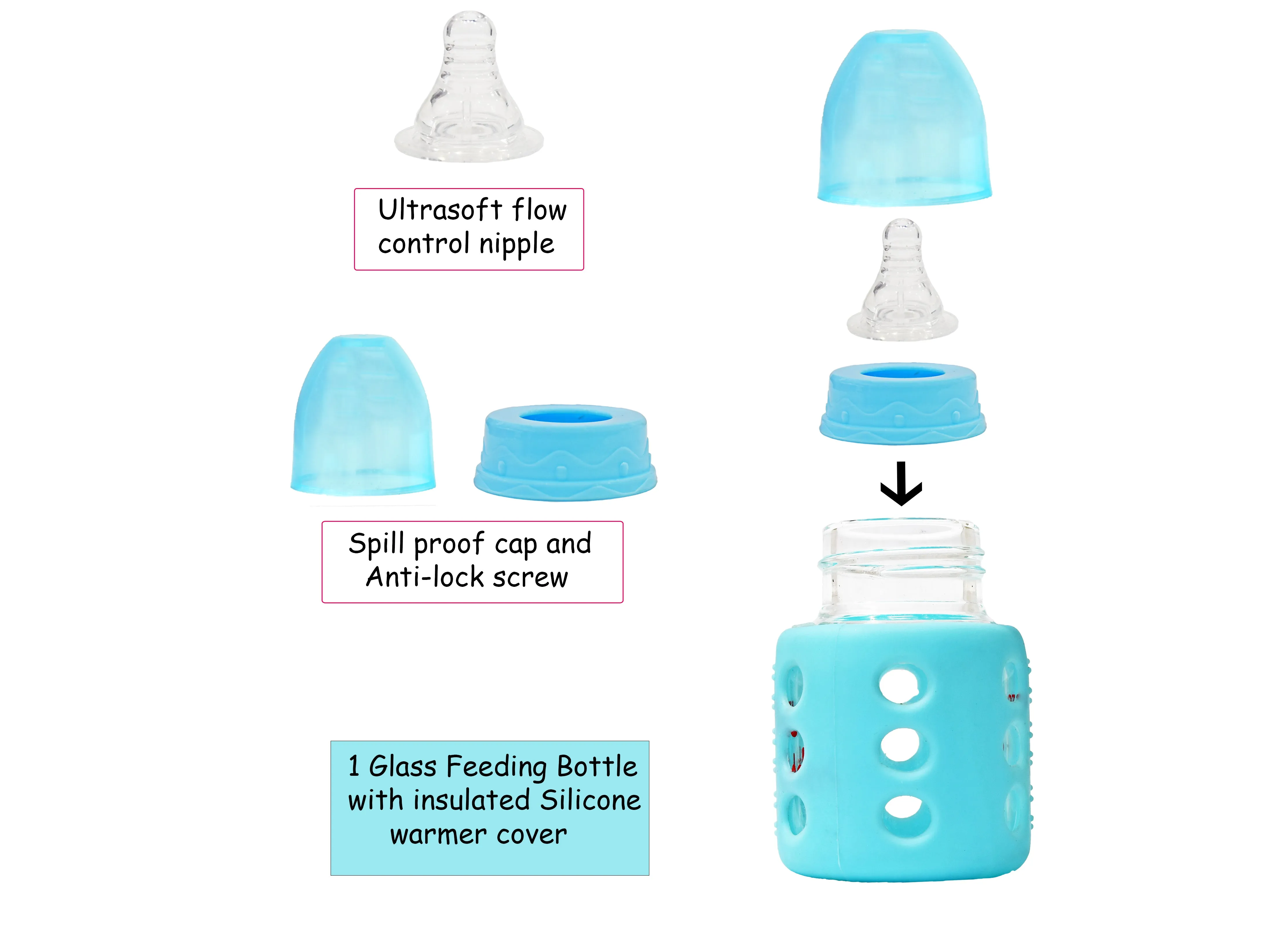 The Little Lookers High Borosilicate Glass Feeding Bottle for Baby/Feeder for Newborn |Super Soft Flow Control & Anti Colic Nipple for Infants/Toddlers(Pack of 2)