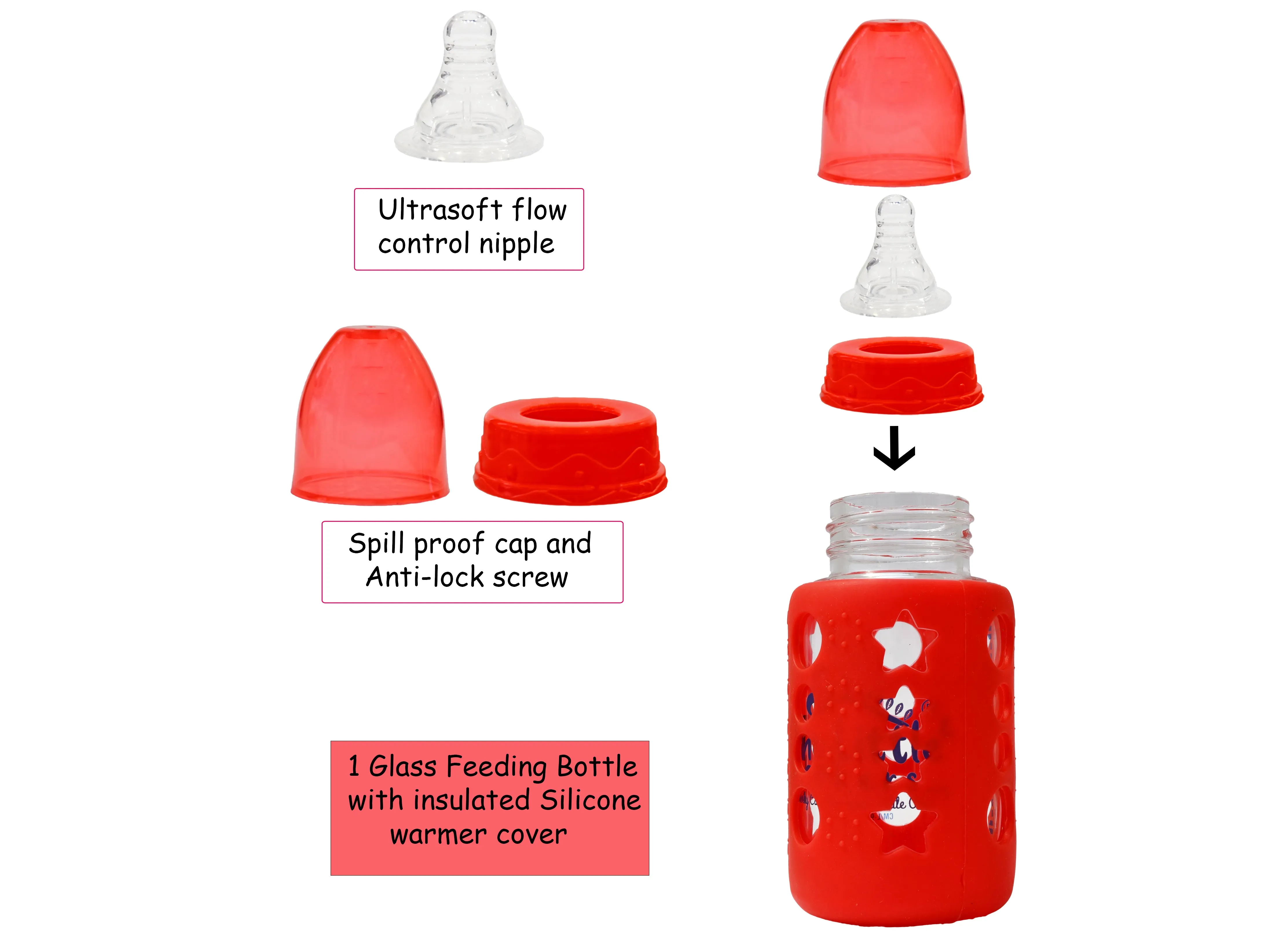 The Little Lookers High Borosilicate Glass Feeding Bottle for Baby/Feeder for Newborn |Super Soft Flow Control & Anti Colic Nipple for Infants/Toddlers(Pack of 2)