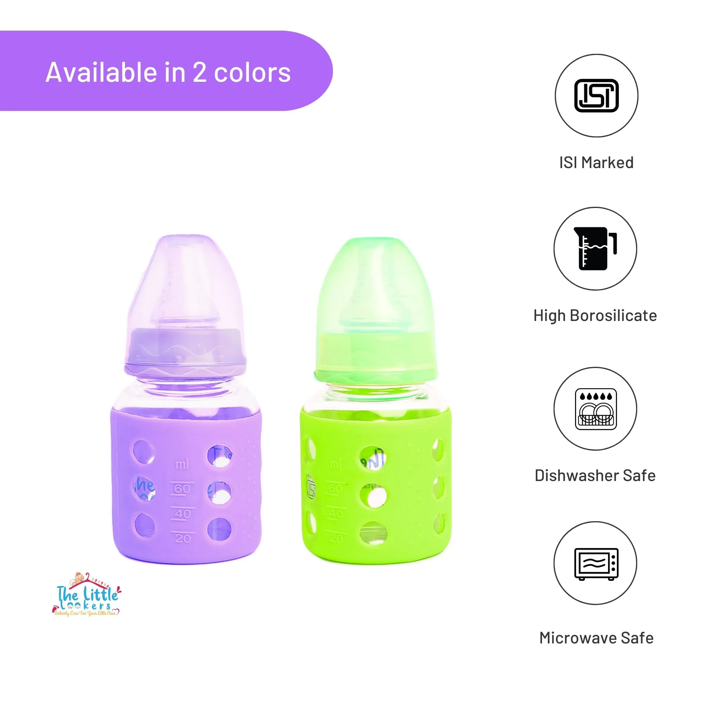 The Little Lookers High Borosilicate Glass Feeding Bottle for Baby/Feeder for Newborn |Super Soft Flow Control & Anti Colic Nipple for Infants/Toddlers(Pack of 2)