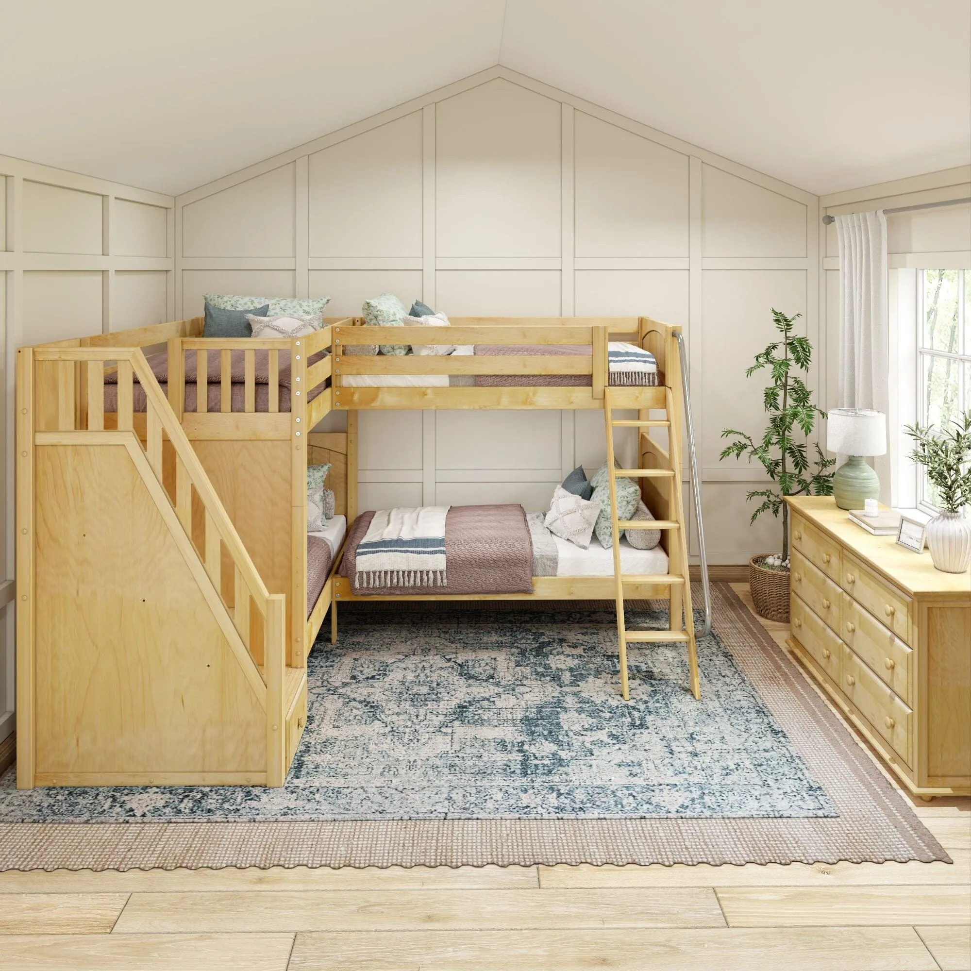 Twin High Corner Bunk with Angled Ladder and Stairs