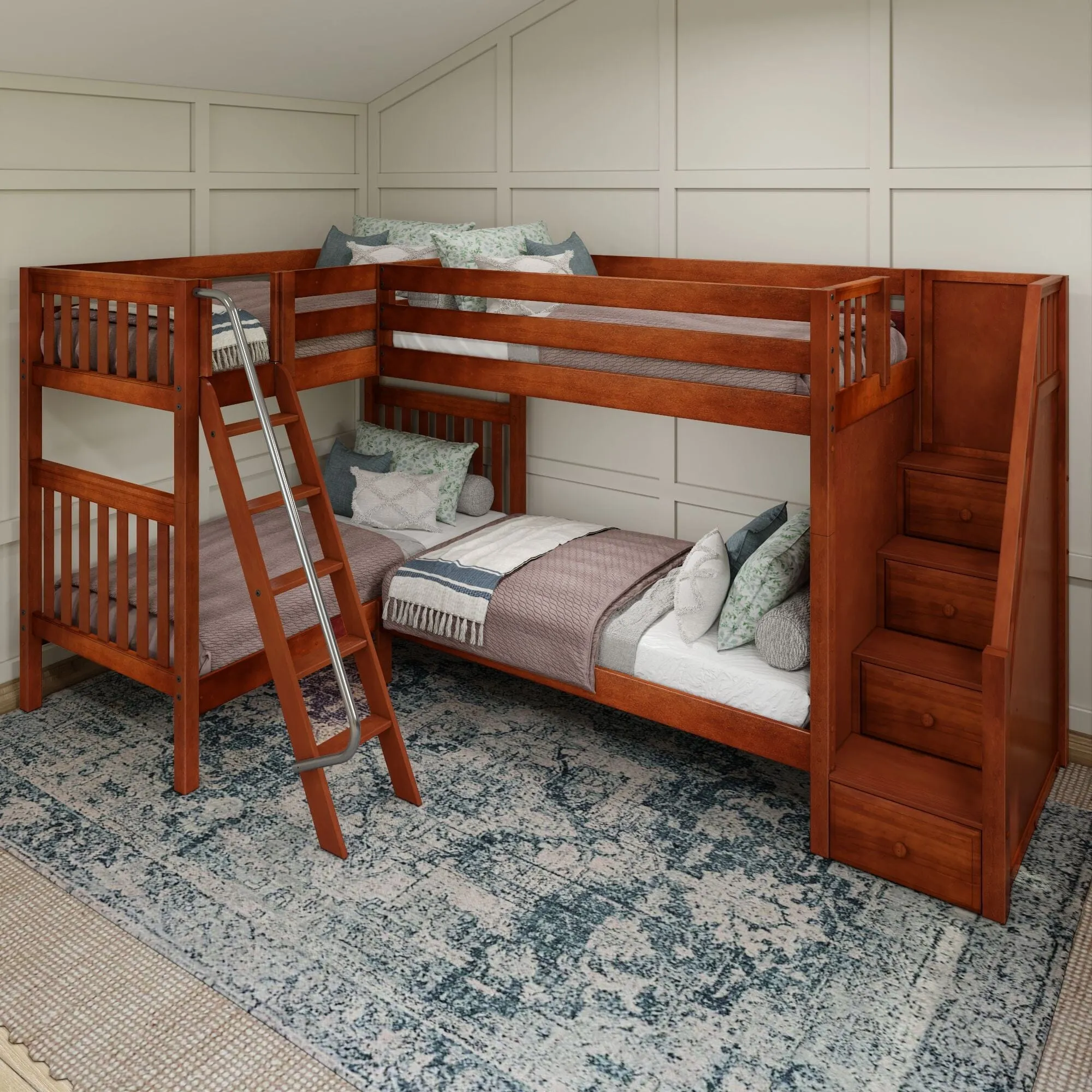 Twin High Corner Bunk with Angled Ladder and Stairs