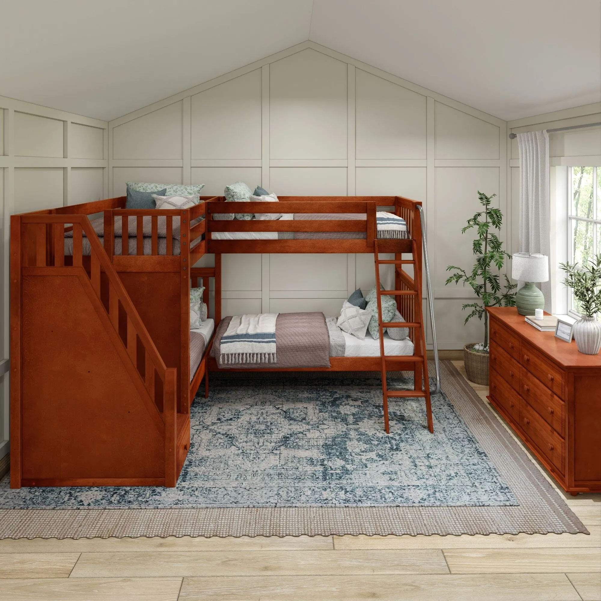 Twin High Corner Bunk with Angled Ladder and Stairs