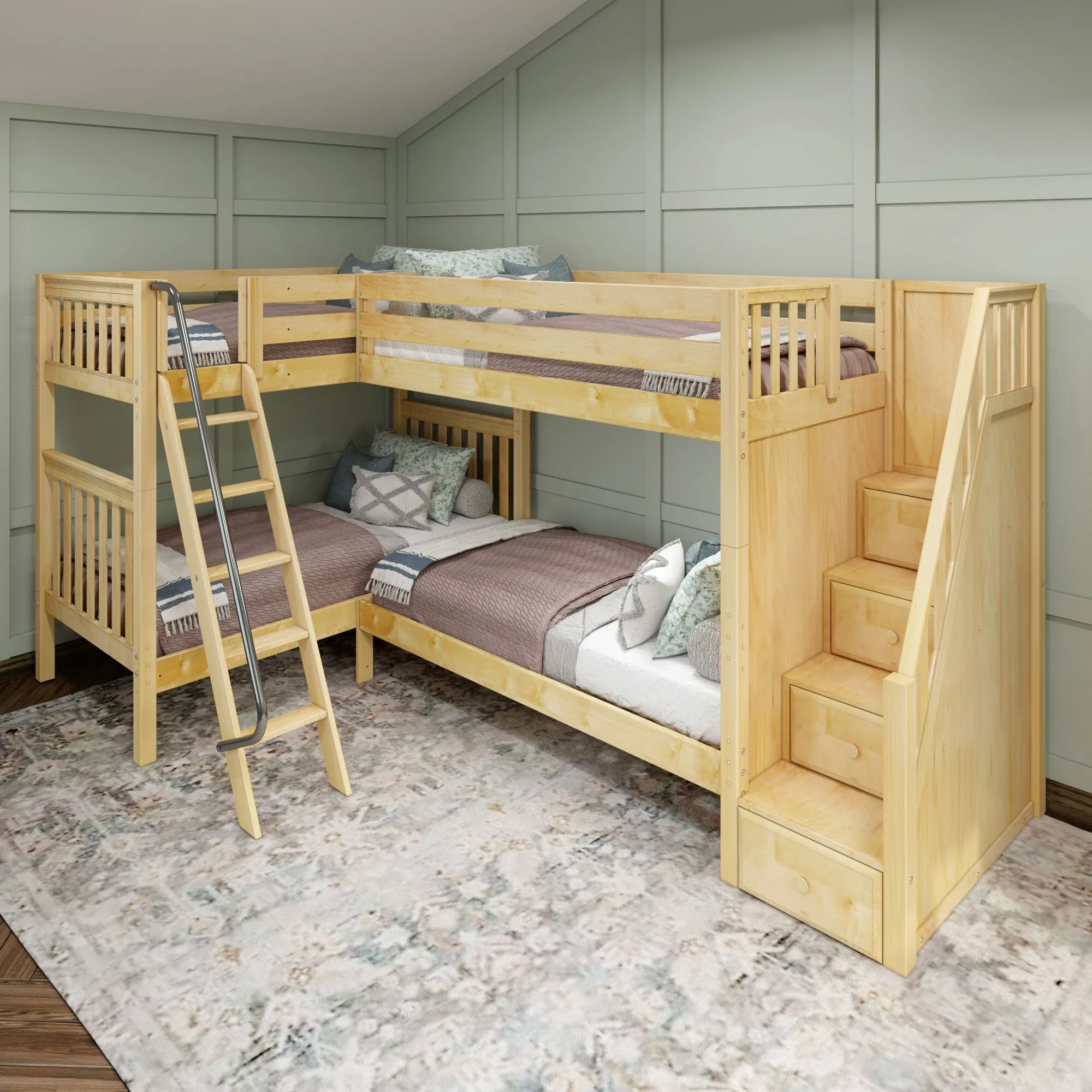 Twin High Corner Bunk with Angled Ladder and Stairs