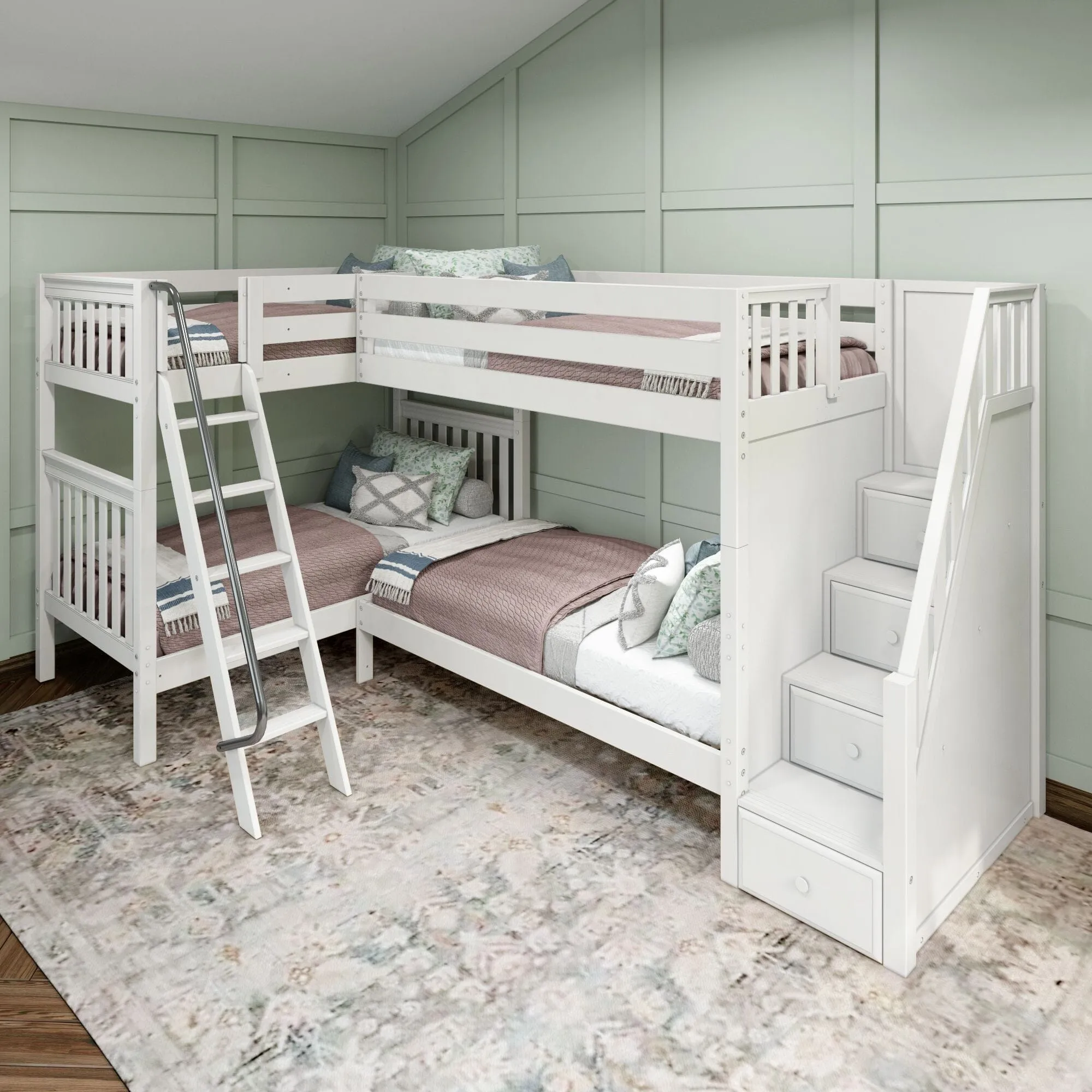 Twin High Corner Bunk with Angled Ladder and Stairs