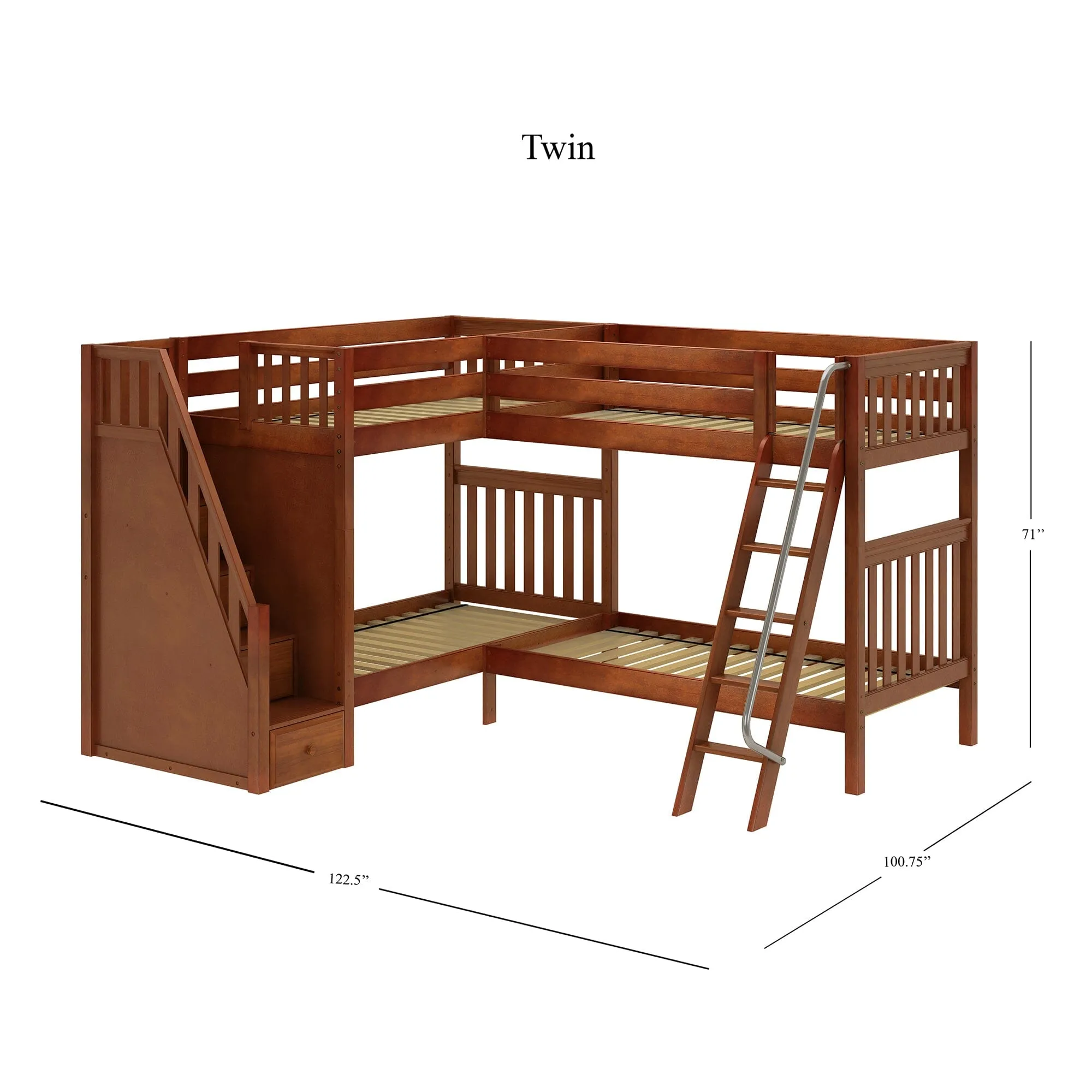 Twin High Corner Bunk with Angled Ladder and Stairs