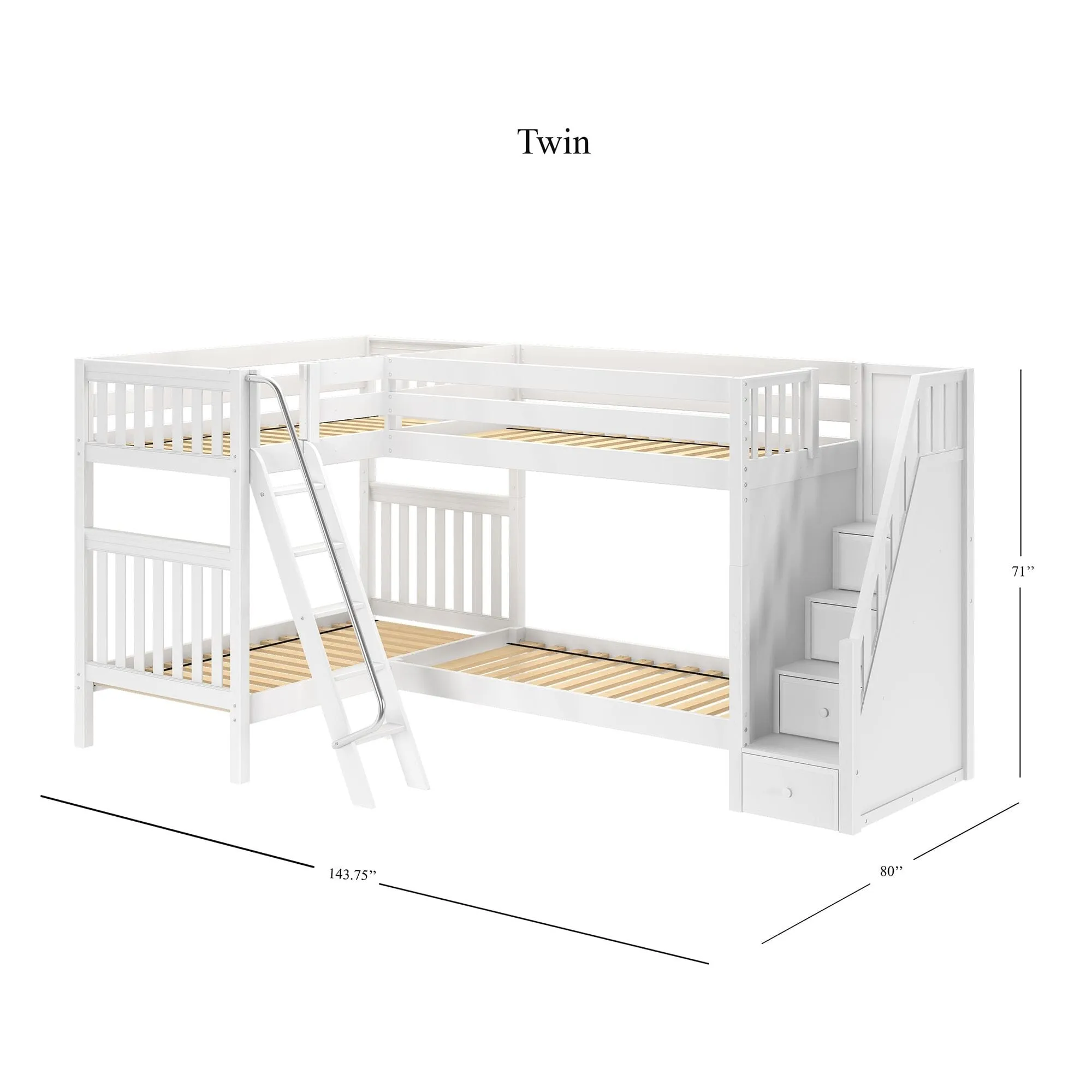 Twin High Corner Bunk with Angled Ladder and Stairs