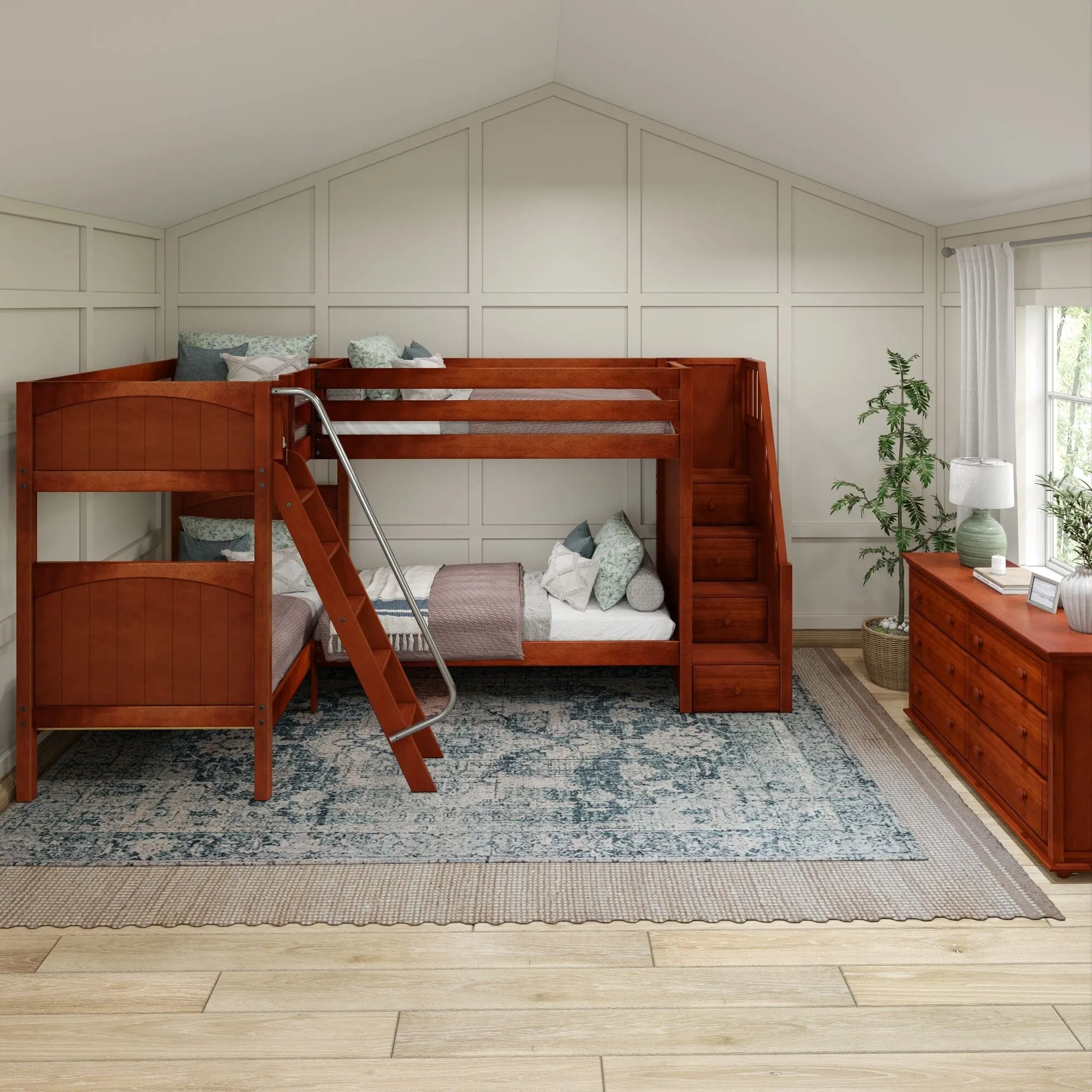 Twin High Corner Bunk with Angled Ladder and Stairs