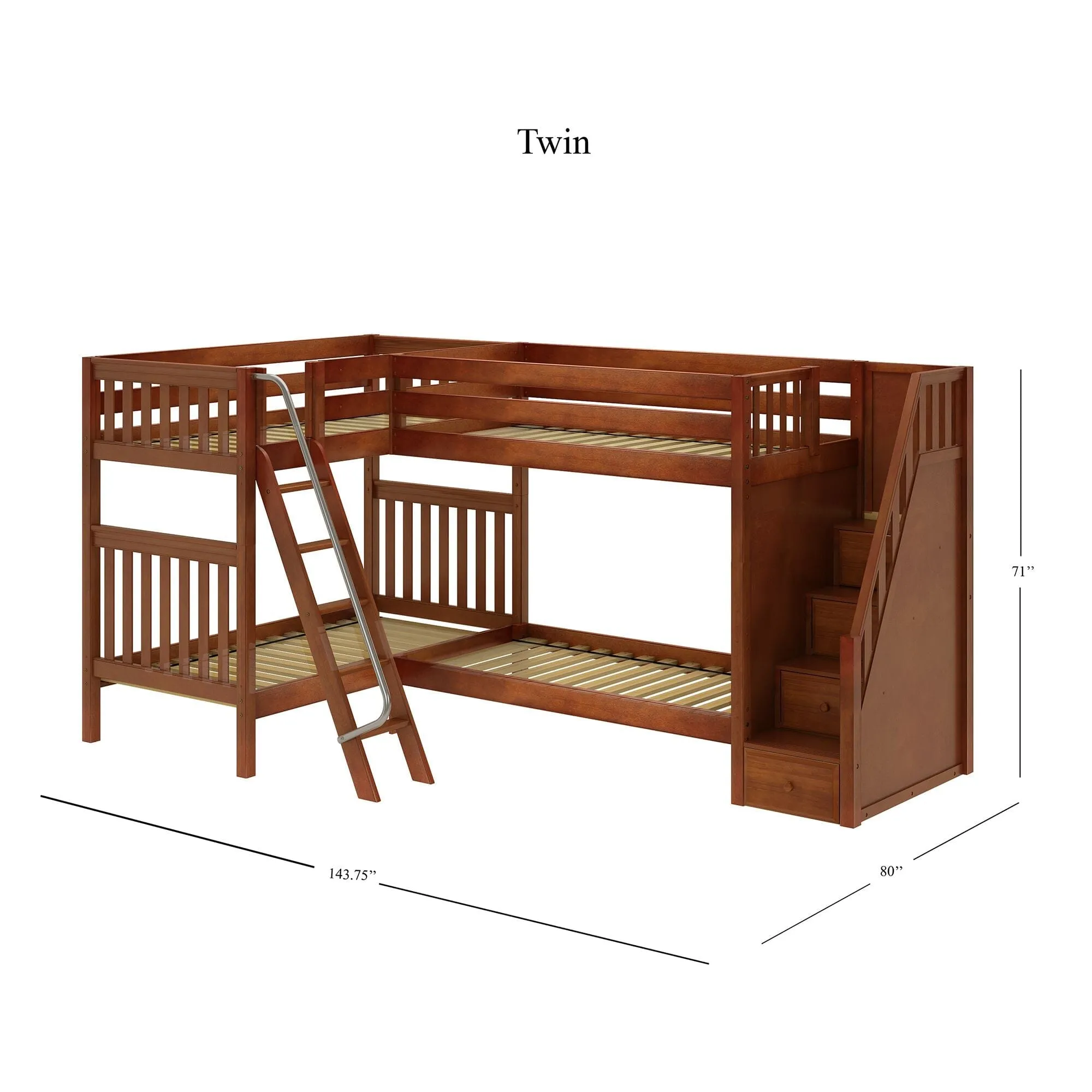 Twin High Corner Bunk with Angled Ladder and Stairs