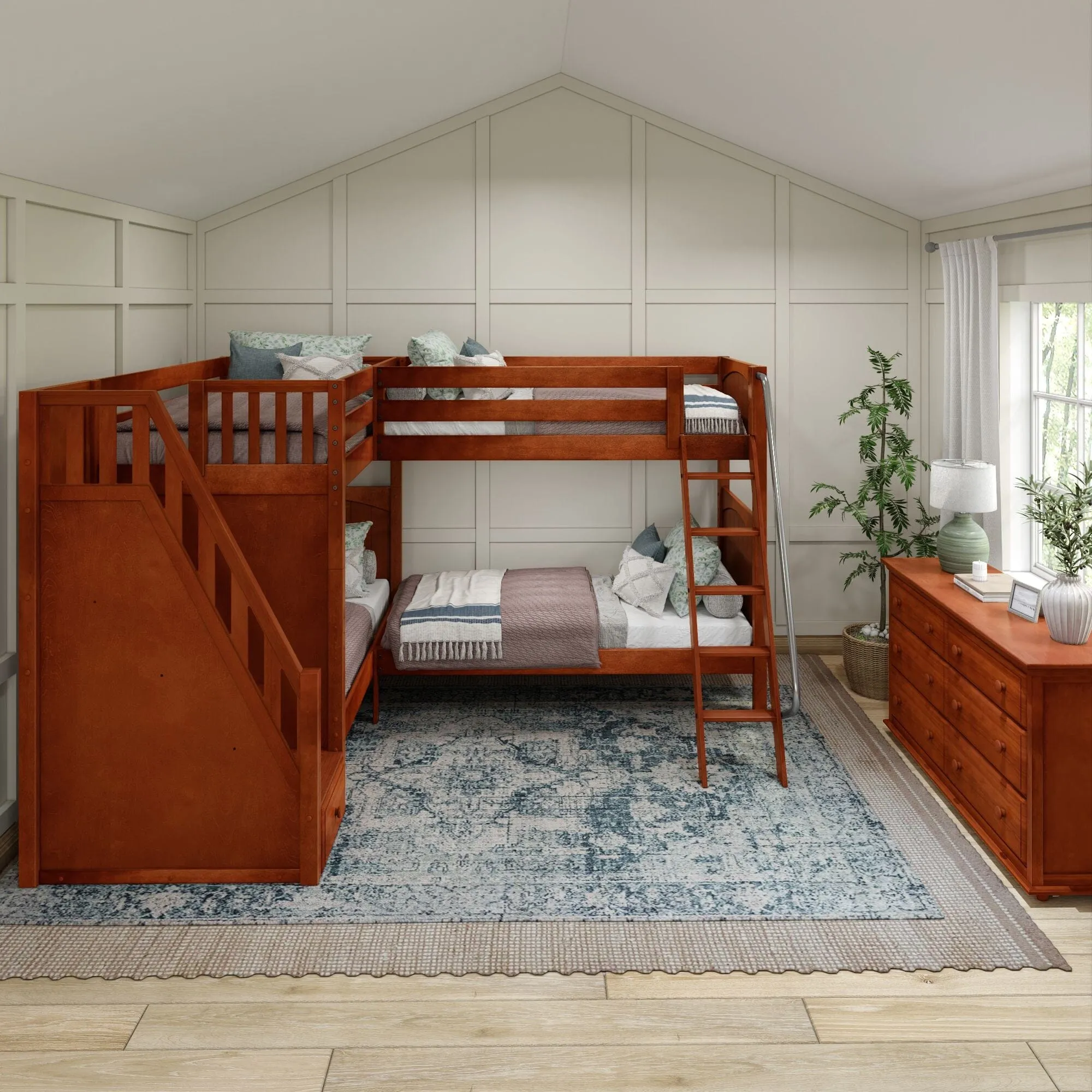 Twin High Corner Bunk with Angled Ladder and Stairs