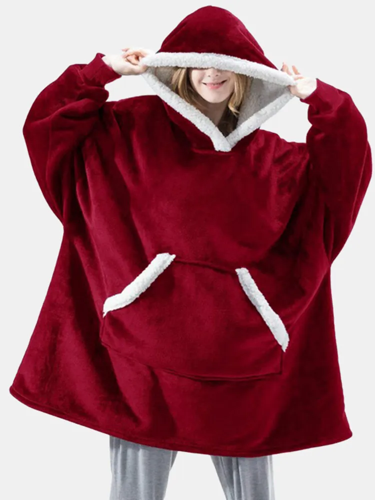 Women Flannel Oversized Blanket Hoodies Thicken Warm Sleepwear Robes With Pocket