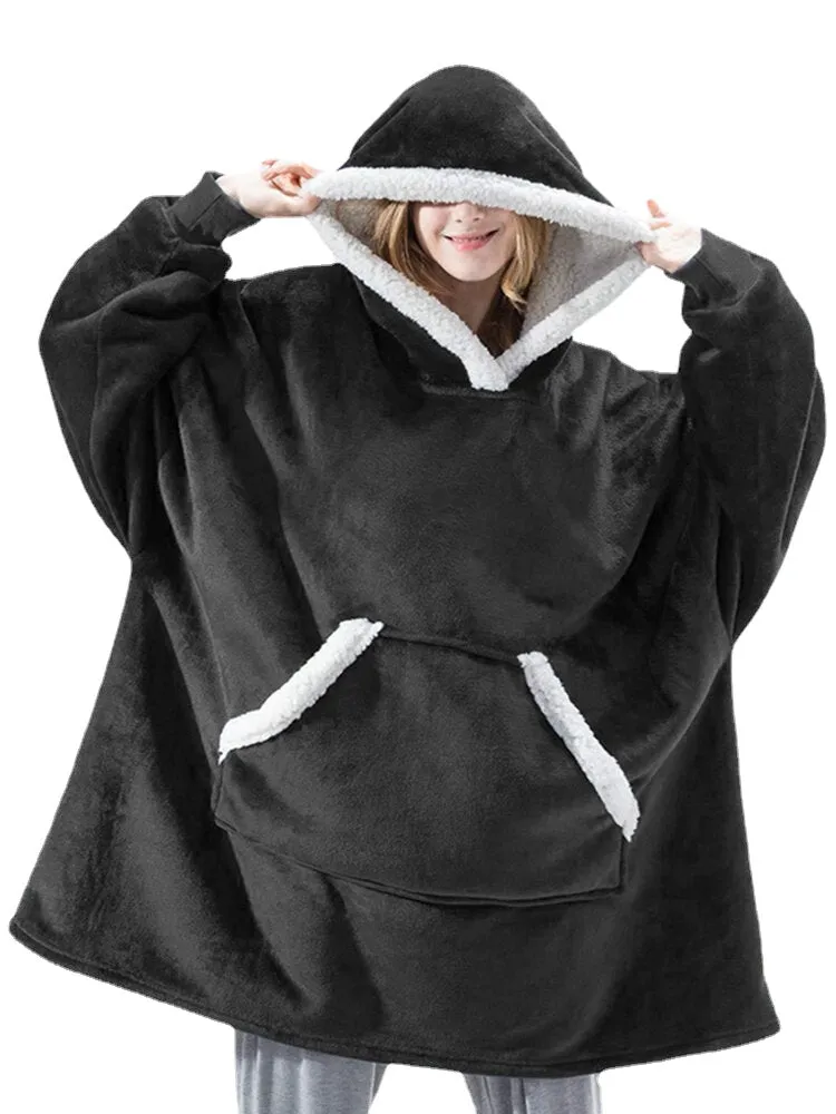 Women Flannel Oversized Blanket Hoodies Thicken Warm Sleepwear Robes With Pocket