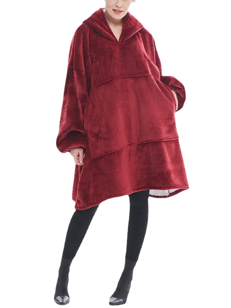 Women Flannel Oversized Kangaroo Pocket Hoodie Blanket Hoodie Home Warm Robes