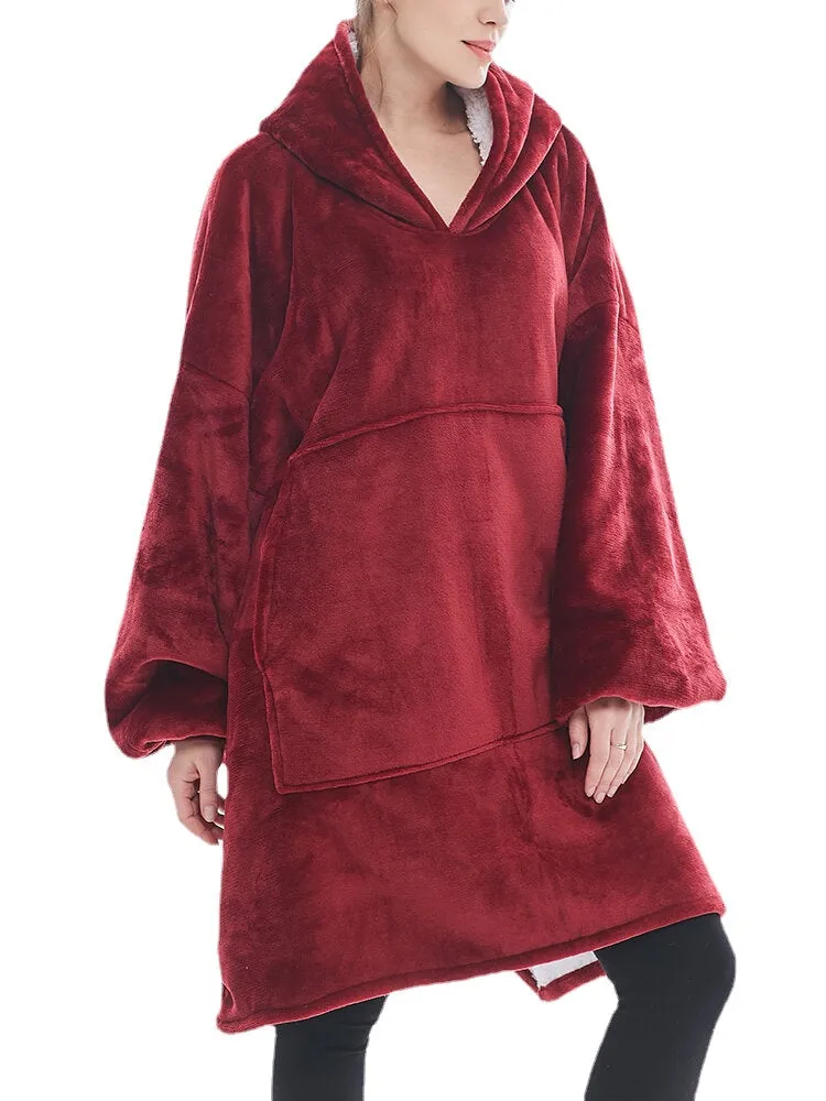 Women Flannel Oversized Kangaroo Pocket Hoodie Blanket Hoodie Home Warm Robes