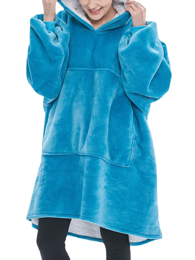 Women Flannel Oversized Kangaroo Pocket Hoodie Blanket Hoodie Home Warm Robes