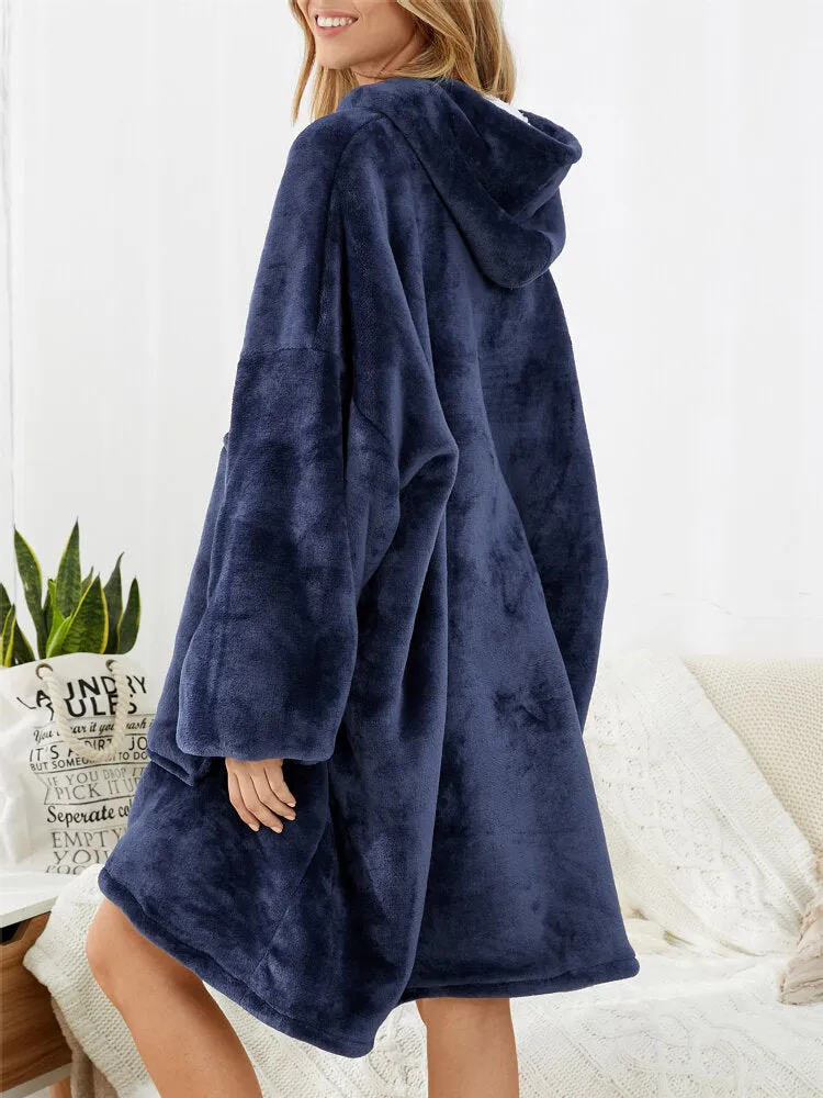 Women Flannel Oversized Kangaroo Pocket Hoodie Blanket Hoodie Home Warm Robes