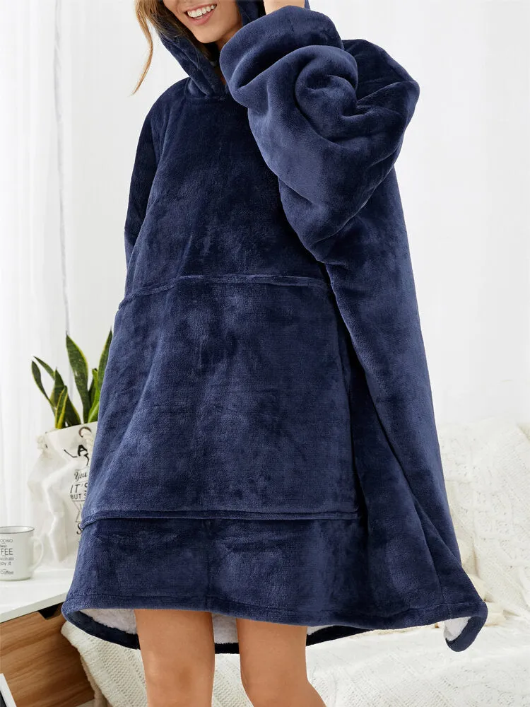 Women Flannel Oversized Kangaroo Pocket Hoodie Blanket Hoodie Home Warm Robes